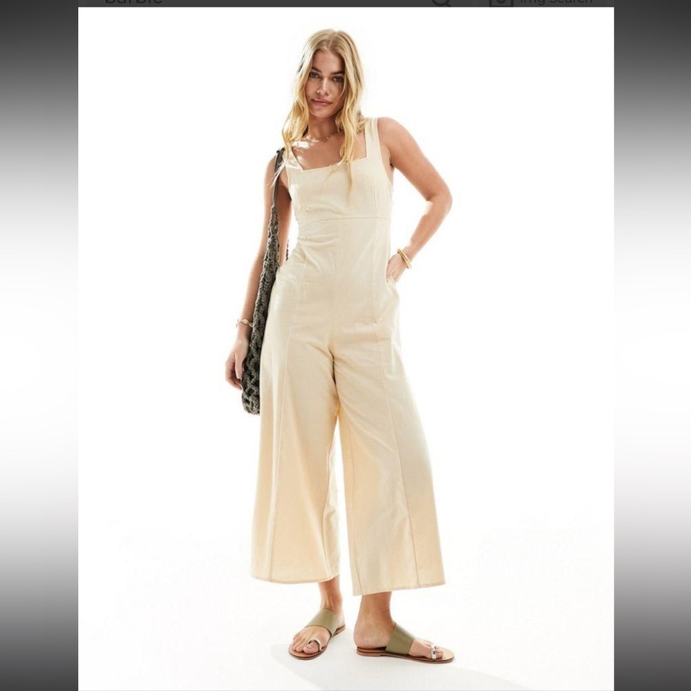 ASOS DESIGN linen tie back cropped jumpsuit in stone NWT $88 6 casual spring bow